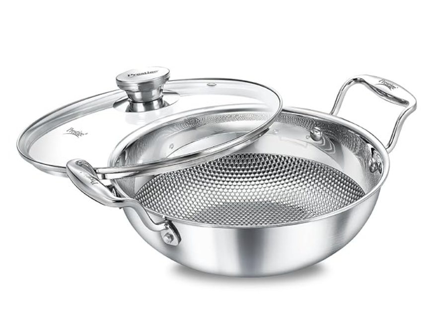 Prestige Tri-Ply Designer Stainless Steel Kadai with Glass Lid | Durable & Even Heat Distribution | Silver