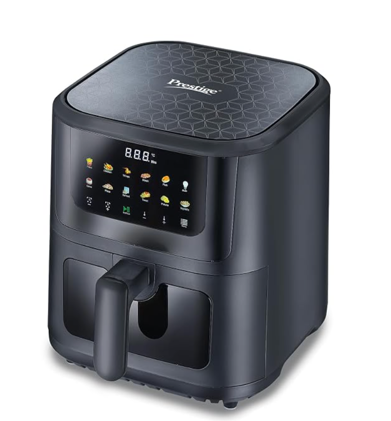Prestige Crystachef 5.5L 1350W Air Fryer Black |11 Preset Menu Option|See Through Window|Safety Interlocking|Specially Designed Frying Basket| Upto 80% Less Oil|1 Year Warranty