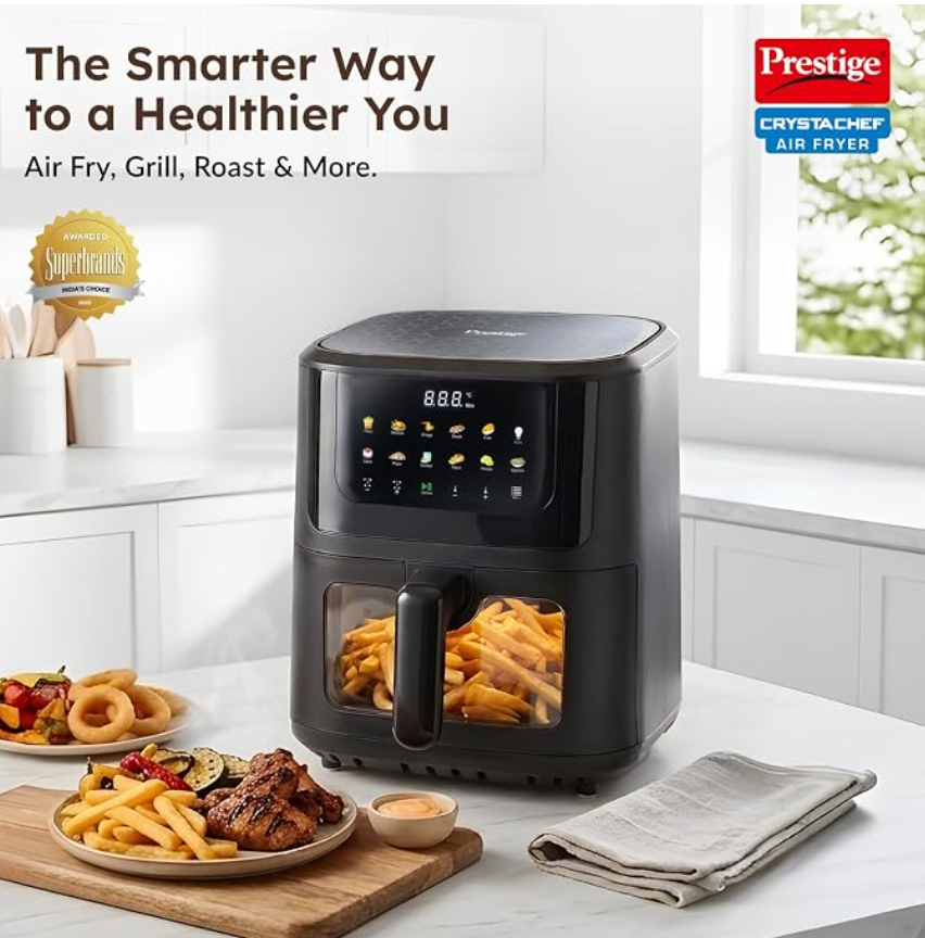 Prestige Crystachef 5.5L 1350W Air Fryer Black |11 Preset Menu Option|See Through Window|Safety Interlocking|Specially Designed Frying Basket| Upto 80% Less Oil|1 Year Warranty