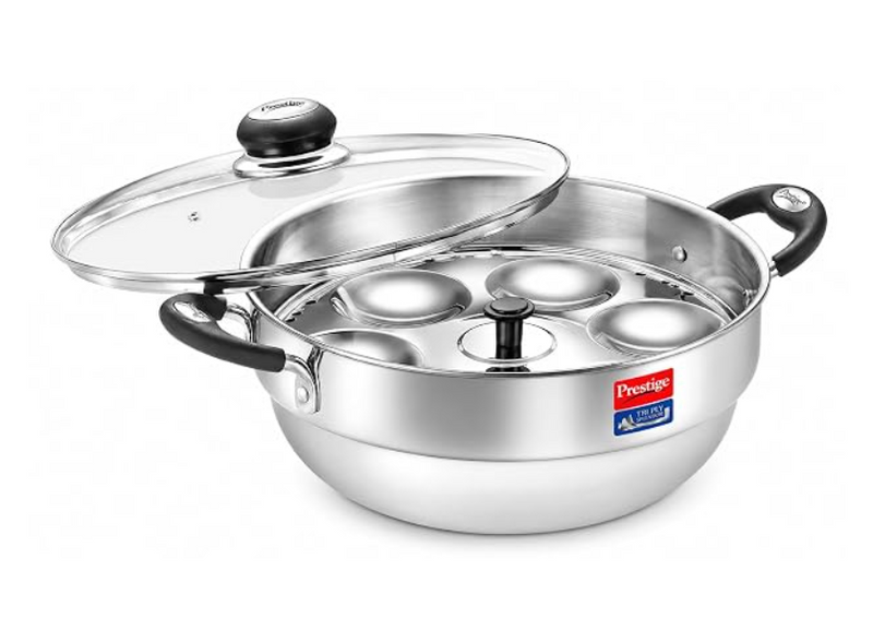 Prestige Triply Splendor 28cm Multikadai with Glass Lid, Idli Plates-2U, Mini Idli Plate-1U, Dhokla Plate-1U Silver|Works On Gas and Induction|Even Heat Distribution|10 Years Warranty-1