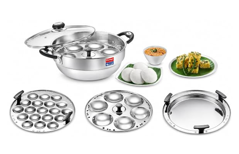 Prestige Triply Splendor 28cm Multikadai with Glass Lid, Idli Plates-2U, Mini Idli Plate-1U, Dhokla Plate-1U Silver|Works On Gas and Induction|Even Heat Distribution|10 Years Warranty-2