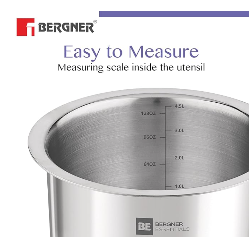Bergner BE Bergner Essentials Tri-Ply Stainless Steel Tope/Patila/Topia, Even Heat Distribution, Consumes Less Oil, Easy to Clean, Induction & Gas Friendly, 5-Year Warranty