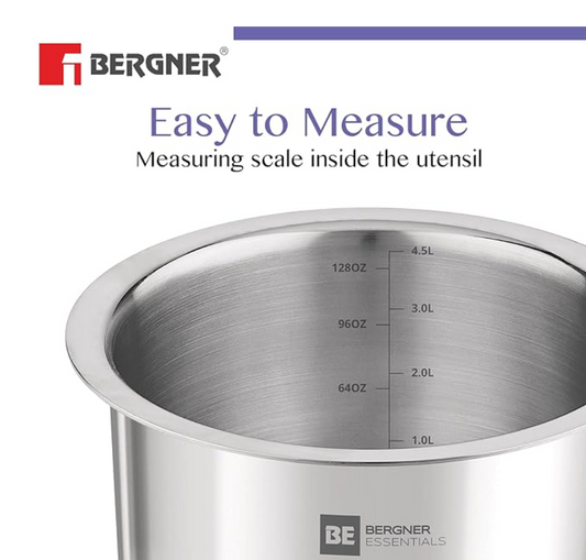 Bergner BE Bergner Essentials Tri-Ply Stainless Steel Tope/Patila/Topia, Even Heat Distribution, Consumes Less Oil, Easy to Clean, Induction & Gas Friendly, 5-Year Warranty