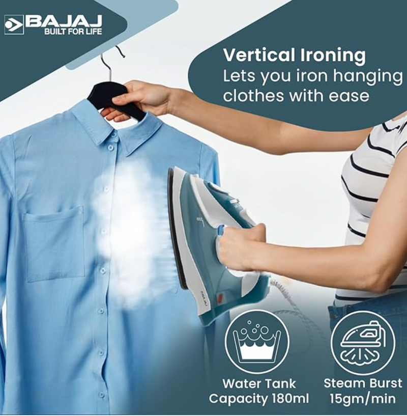 Bajaj MX 3 Neo Steam Iron | 1250 Watts Power For Faster Ironing | Vertical & Horizontal Ironing | Spray Function | Anti-Bacterial & Non-Stick Soleplate Coating | 2-Yr Warranty By Bajaj 【Blue】-2