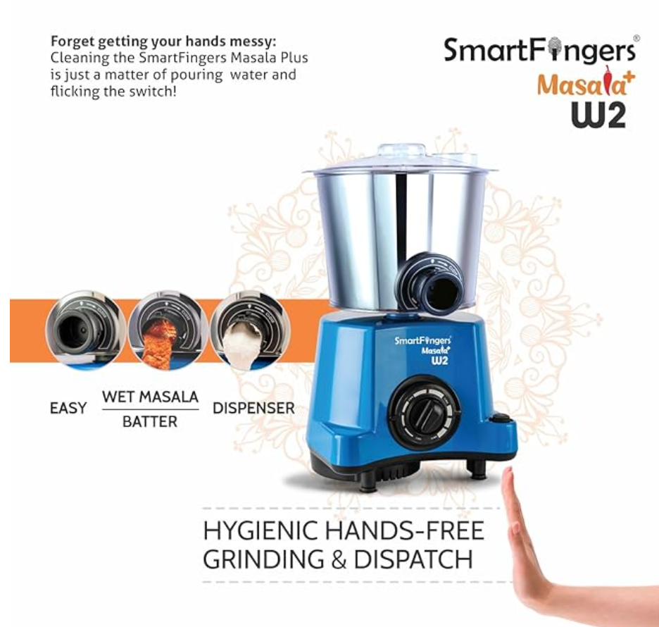 Smart Fingers Masala + ' W2 ' Table Top Masala Wet Grinder 110V 60hz, 2 Liter, Blue-3