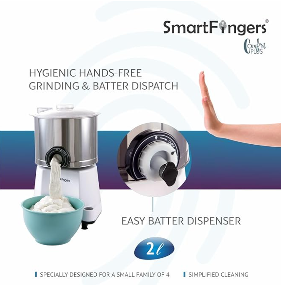 Smart Fingers Comfort Plus Table Top Magic Wet Grinder 230V 50hz, 2 Liter, White, 2 Stone-2