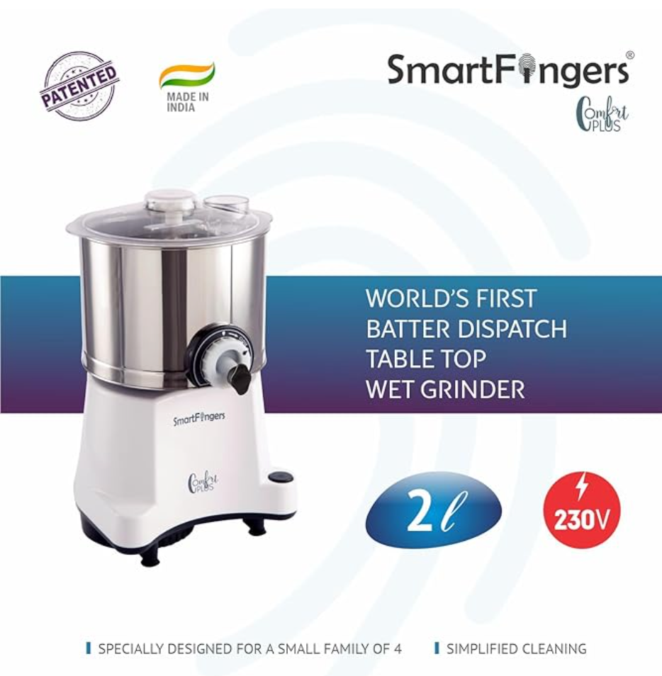 Smart Fingers Comfort Plus Table Top Magic Wet Grinder 230V 50hz, 2 Liter, White, 2 Stone-3