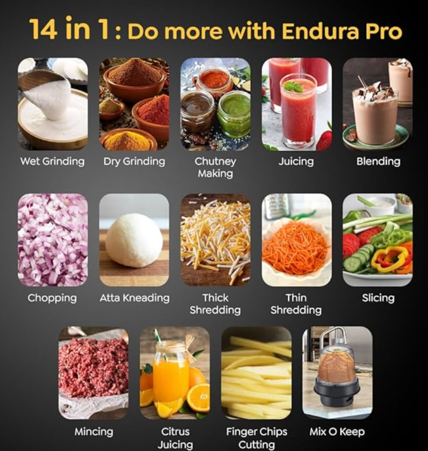 Prestige Endura Pro 1000W Multi Functional Mixer Grinder With Ball Bearing Technology|6 Jars With Food Processing Attachments |14 Different Functionalities|Black & Silver - 1000 Watts