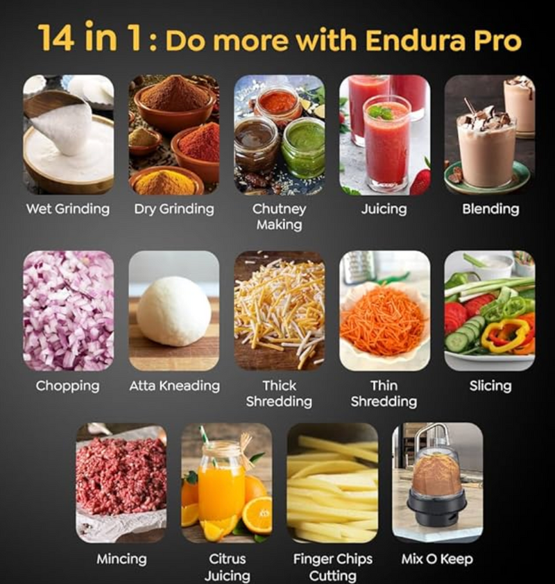 Prestige Endura Pro 1000W Multi Functional Mixer Grinder With Ball Bearing Technology|6 Jars With Food Processing Attachments |14 Different Functionalities|Black & Silver - 1000 Watts-2