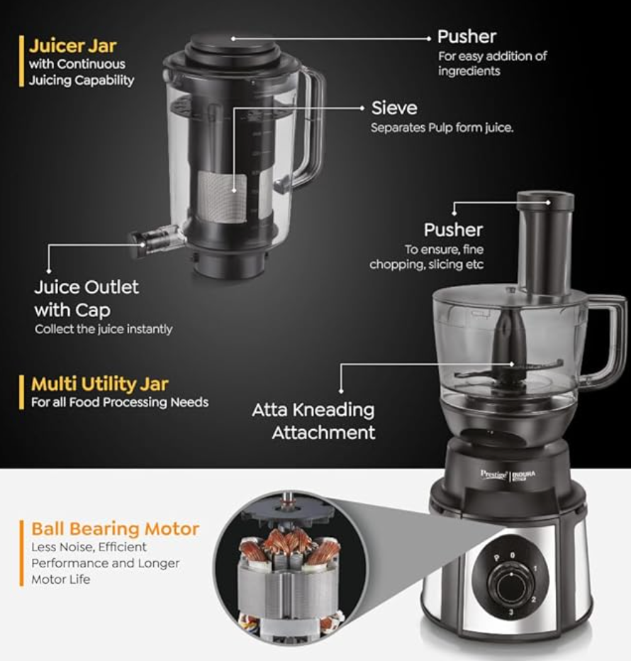 Prestige Endura Pro 1000W Multi Functional Mixer Grinder With Ball Bearing Technology|6 Jars With Food Processing Attachments |14 Different Functionalities|Black & Silver - 1000 Watts