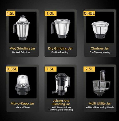 Prestige Endura Pro 1000W Multi Functional Mixer Grinder With Ball Bearing Technology|6 Jars With Food Processing Attachments |14 Different Functionalities|Black & Silver - 1000 Watts