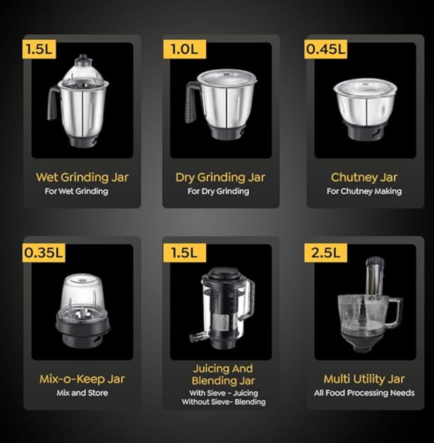 Prestige Endura Pro 1000W Multi Functional Mixer Grinder With Ball Bearing Technology|6 Jars With Food Processing Attachments |14 Different Functionalities|Black & Silver - 1000 Watts-4