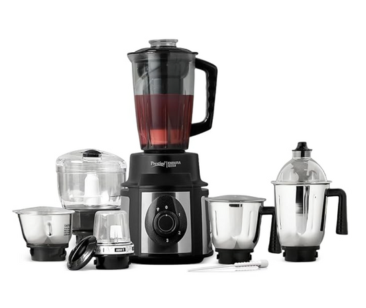 Prestige Endura 1000W Mixer Grinder with 6 Jar s| Heavy-Duty Ball Bearing Motor | 3 Stainless Steel Jars + 1 Juicer + 1 Mix-O-Keep + 1 Multi-Utility | SS Baldes | Black | 5Y Motor Warranty