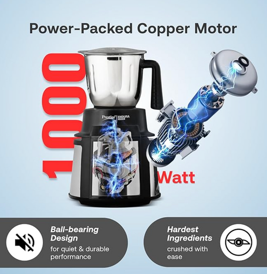 Prestige Endura 1000W Mixer Grinder with 6 Jar s| Heavy-Duty Ball Bearing Motor | 3 Stainless Steel Jars + 1 Juicer + 1 Mix-O-Keep + 1 Multi-Utility | SS Baldes | Black | 5Y Motor Warranty