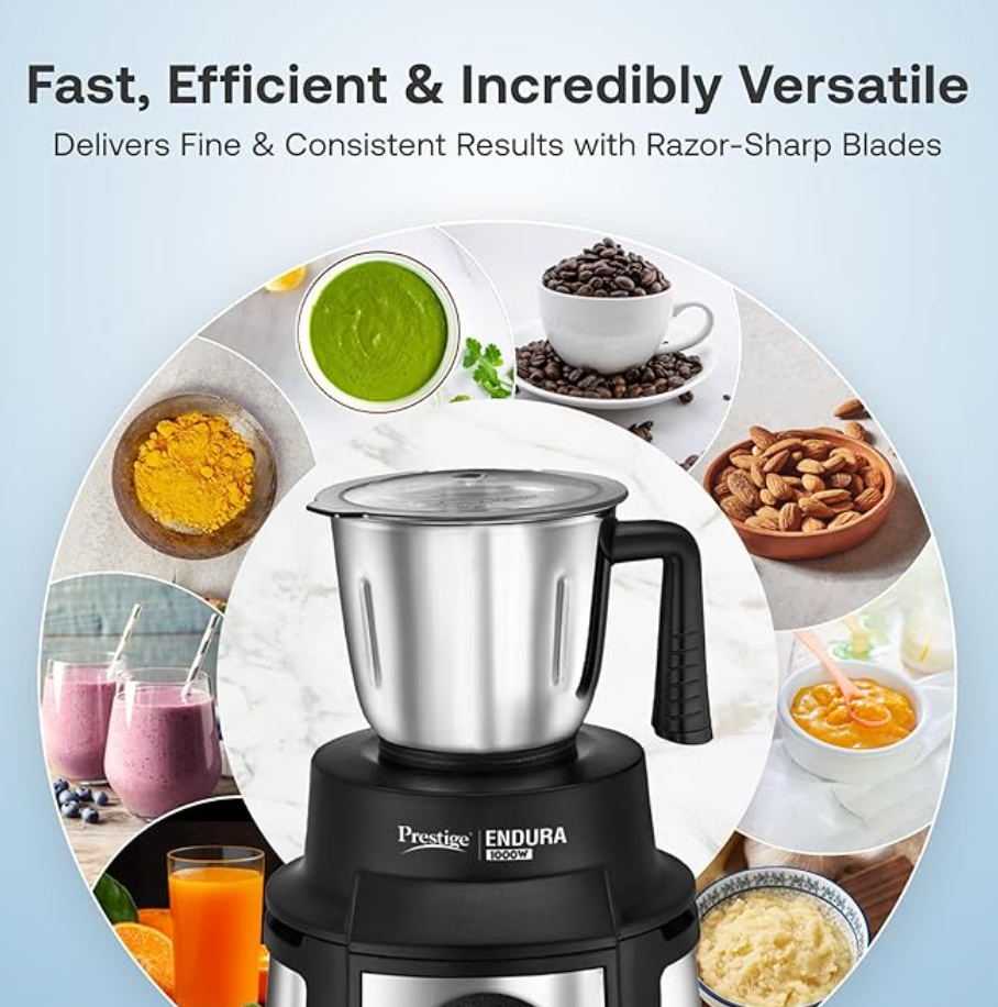 Prestige Endura 1000W Mixer Grinder with 6 Jar s| Heavy-Duty Ball Bearing Motor | 3 Stainless Steel Jars + 1 Juicer + 1 Mix-O-Keep + 1 Multi-Utility | SS Baldes | Black | 5Y Motor Warranty-3