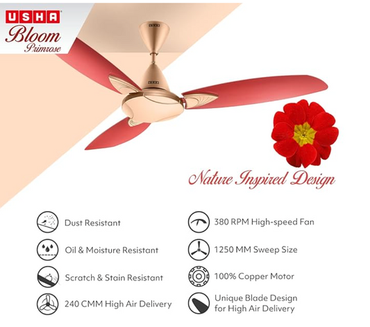Usha Bloom Primrose 1250mm Dust, Oil & Moisture Resistant Ceiling Fan (Sparkle Golden & Cherry)