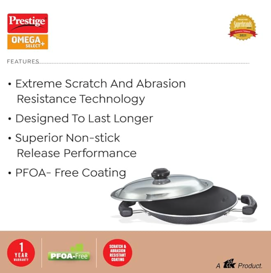 Prestige Omega Select Plus Aluminium Residue Free Non-Stick Appachetty with Lid, 20 cm, Black