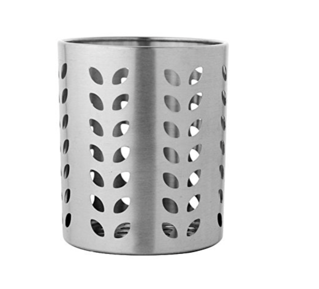 Velan Store Stainless Steel Leaf Hole Cutlery Holder Spoon Holder, Pen Holder, Brush Stand (Round) (D*W*H)(9X9X11 cm)