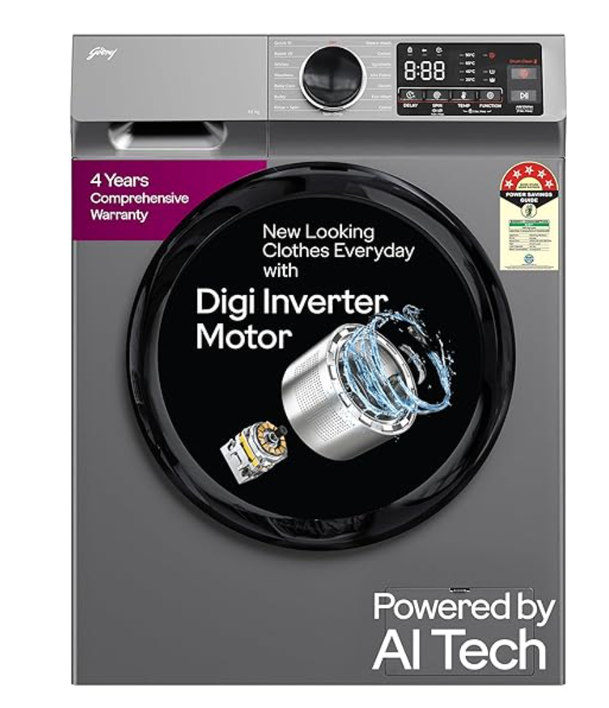 गोदरेज 9 किलो 5 स्टार इन्वर्टर फुली ऑटोमैटिक फ्रंट लोड वॉशिंग मशीन (ईऑन सेलेस्टा, WFEON CEL 9014 IEBT SLSR, इन-बिल्ट हीटर, सिल्वर स्ट्रीम) 