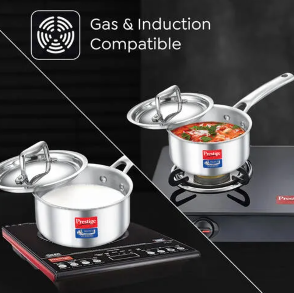 प्रेस्टीज ट्राई प्लाई स्प्लेंडिड सॉस पैन, स्टेनलेस स्टील के ढक्कन के साथ, 18 सेमी, 16 सेमी, 14 सेमी आकार में उपलब्ध।