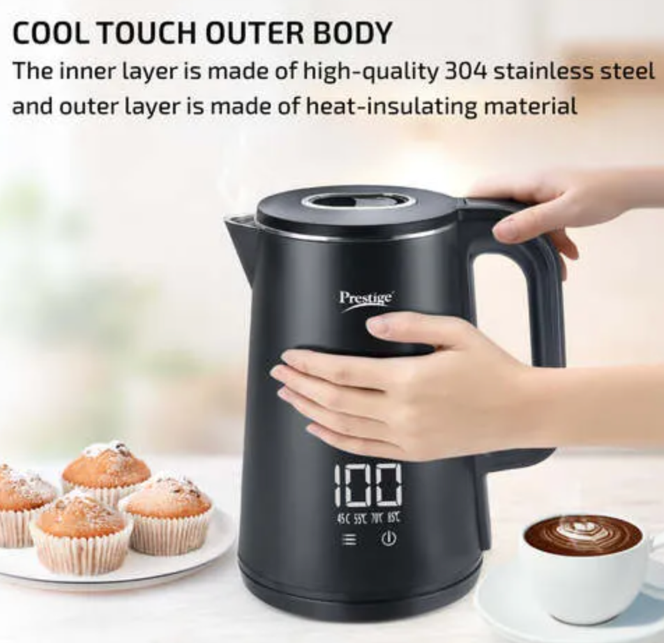 Prestige Digi Kettle 2.0 Litre with 4 Preset Modes| Live Temperature Display| Elegant Cool Touch Design| Auto-Cut Off and Dry Heat Protection| 360 Degree Swivel Base