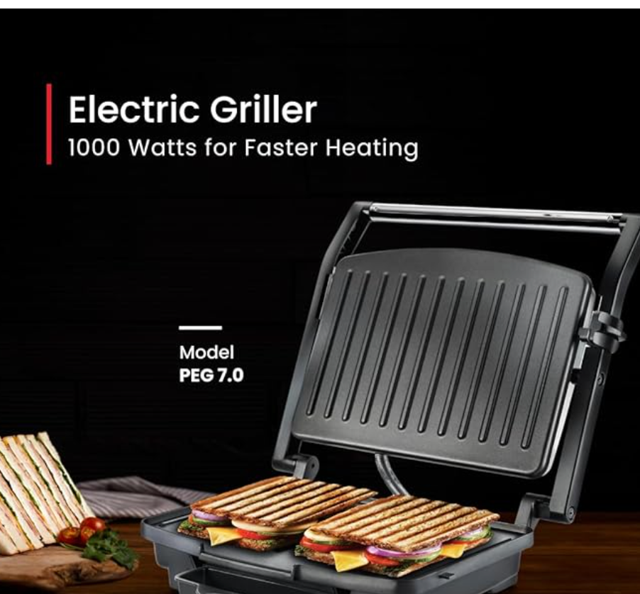 Prestige PEG 7.0 1000 W Electric Griller Sandwich Maker with Oil Collector(Black and Silver, Non-Stick Coated)