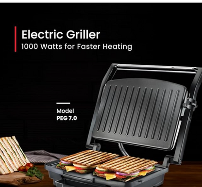 Prestige PEG 7.0 1000 W Electric Griller Sandwich Maker with Oil Collector(Black and Silver, Non-Stick Coated)