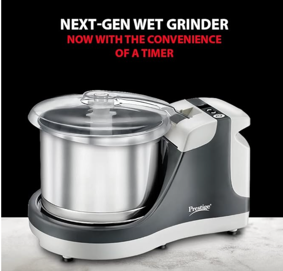 Prestige PWG 09 Wet Grinder with Stainless Steel Drum and Timer 200 W, 2 L (Grey, Silver)