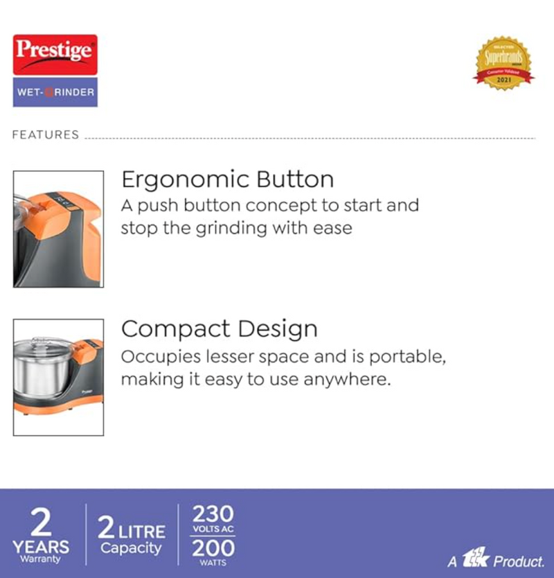 Prestige PWG 10 Orange Wet Grinder with Stainless Steel Drum, 2L, 200W-2