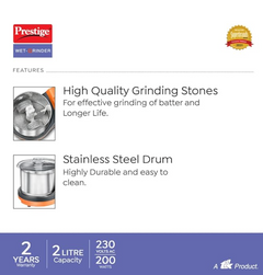 Prestige PWG 10 Orange Wet Grinder with Stainless Steel Drum, 2L, 200W-3