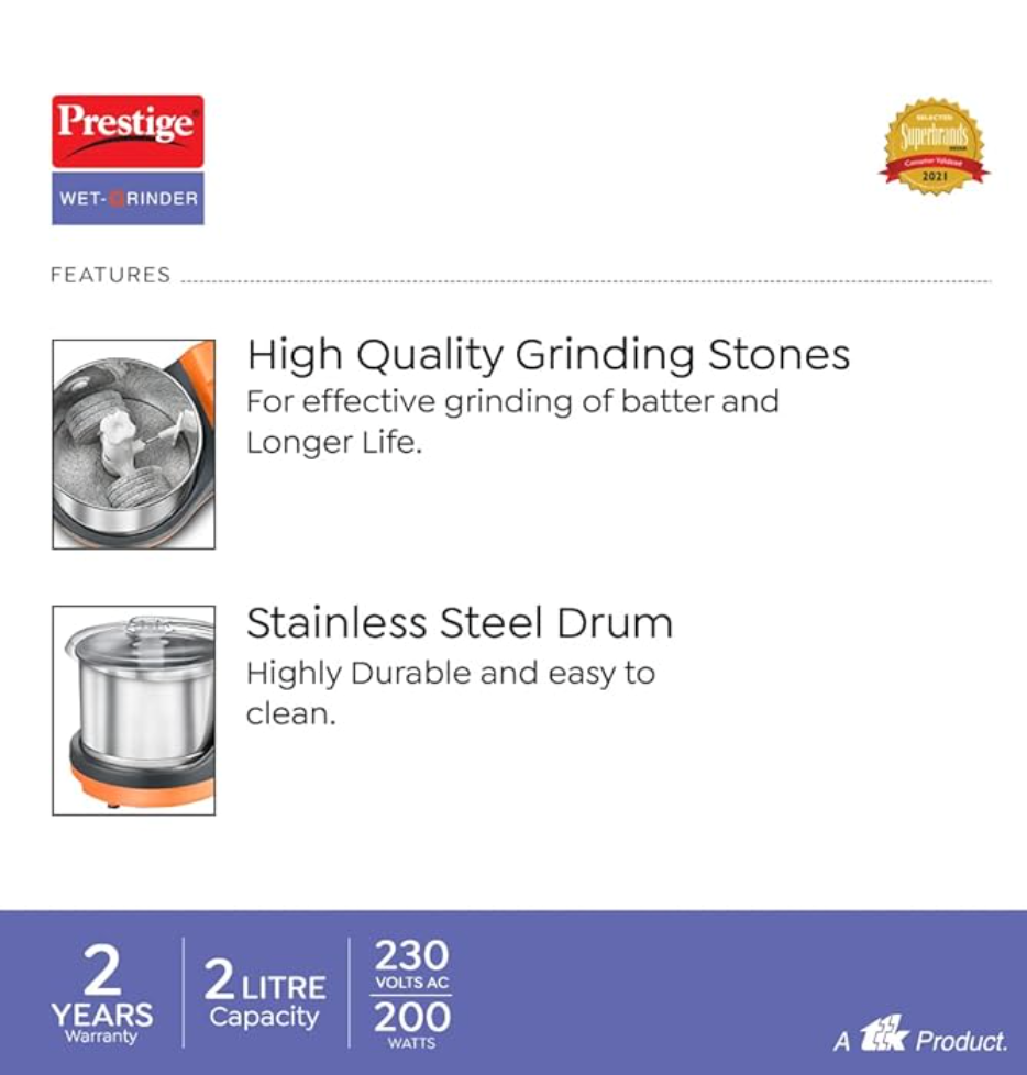 Prestige PWG 10 Orange Wet Grinder with Stainless Steel Drum, 2L, 200W-3