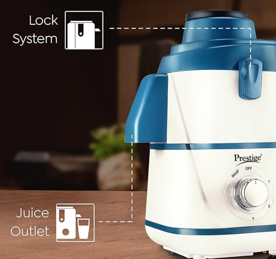 Prestige Breeze 500W Juicer Mixer Grinder with 2 Stainless Steel Jars|Detachable Pulp Collector|Double Lock System|Efficient Stainless Steel Sieve|Juice Outlet|Blue & White-3