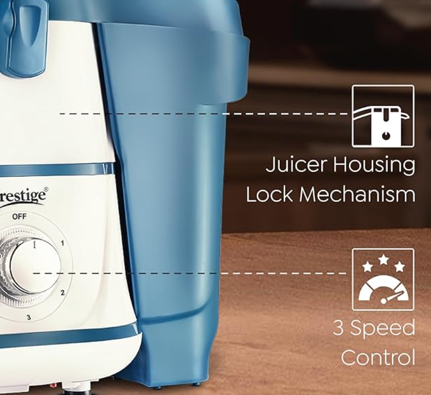 Prestige Breeze 500W Juicer Mixer Grinder with 2 Stainless Steel Jars|Detachable Pulp Collector|Double Lock System|Efficient Stainless Steel Sieve|Juice Outlet|Blue & White-4