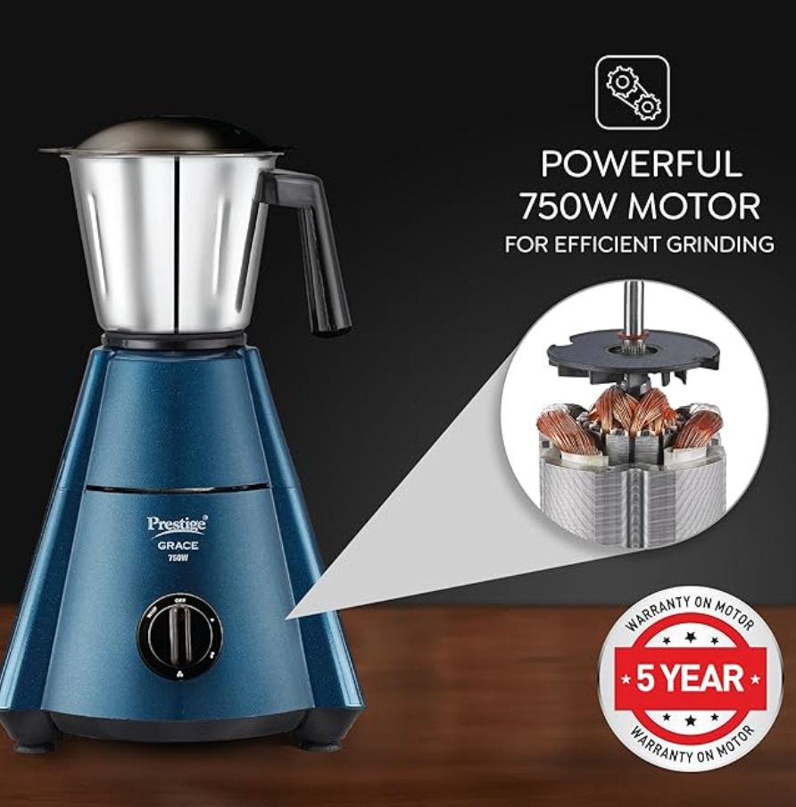 प्रेस्टीज 750 वॉट ग्रेस मिक्सर ग्राइंडर, 4 जार के साथ (3 स्टेनलेस स्टील जार + 1 जूस जार) | 4 बेहतरीन ब्लेड | मजबूत हैंडल | गुंबद के आकार का ढक्कन | नीला और काला