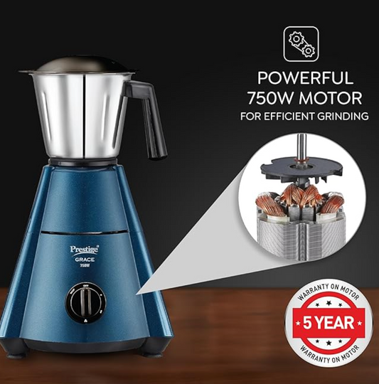 प्रेस्टीज 750 वॉट ग्रेस मिक्सर ग्राइंडर, 4 जार के साथ (3 स्टेनलेस स्टील जार + 1 जूस जार) | 4 बेहतरीन ब्लेड | मजबूत हैंडल | गुंबद के आकार का ढक्कन | नीला और काला