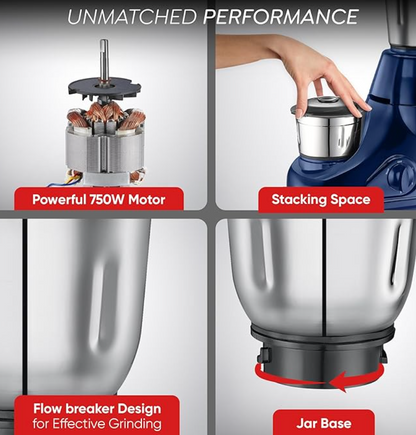 प्रेस्टीज 750 वॉट एस्ट्रा 5 जार जूसर मिक्सर ग्राइंडर | 3 स्टेनलेस स्टील जार | 1 पारदर्शी जूसर जार | 1 मिक्स-ओ-कीप जार | नीला