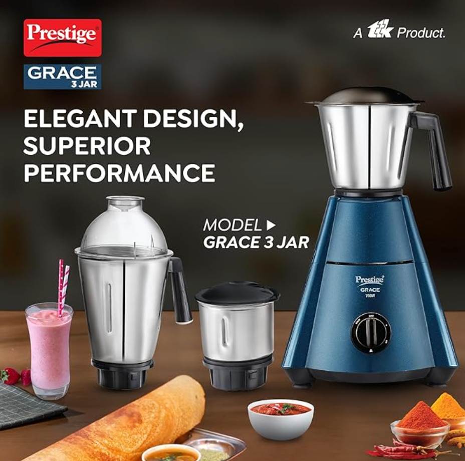 Prestige 750 Watts Grace Mixer Grinder with 3 Stainless Steel Jars|3 Super Efficient Blades|Sturdy Handles|Dome Shaped Lid|Blue & Black