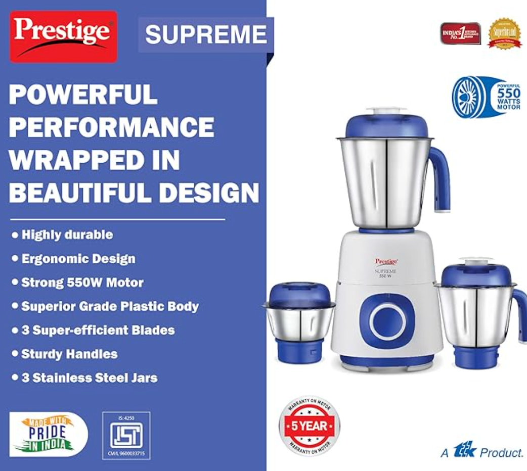 Prestige 550 Watts Supreme Mixer Grinder with 3 Stainless Steel Jars| Ergonomic Design| Sturdy Handles| Blue & White
