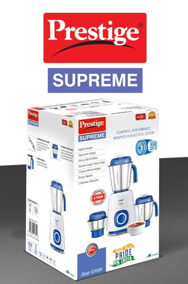 Prestige 550 Watts Supreme Mixer Grinder with 3 Stainless Steel Jars| Ergonomic Design| Sturdy Handles| Blue & White