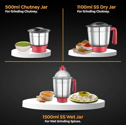 Prestige 750 Watts Regal Mixer Grinder with 3 Stainless Steel Jars| Appealing Design| Sturdy Handles| Red and Black