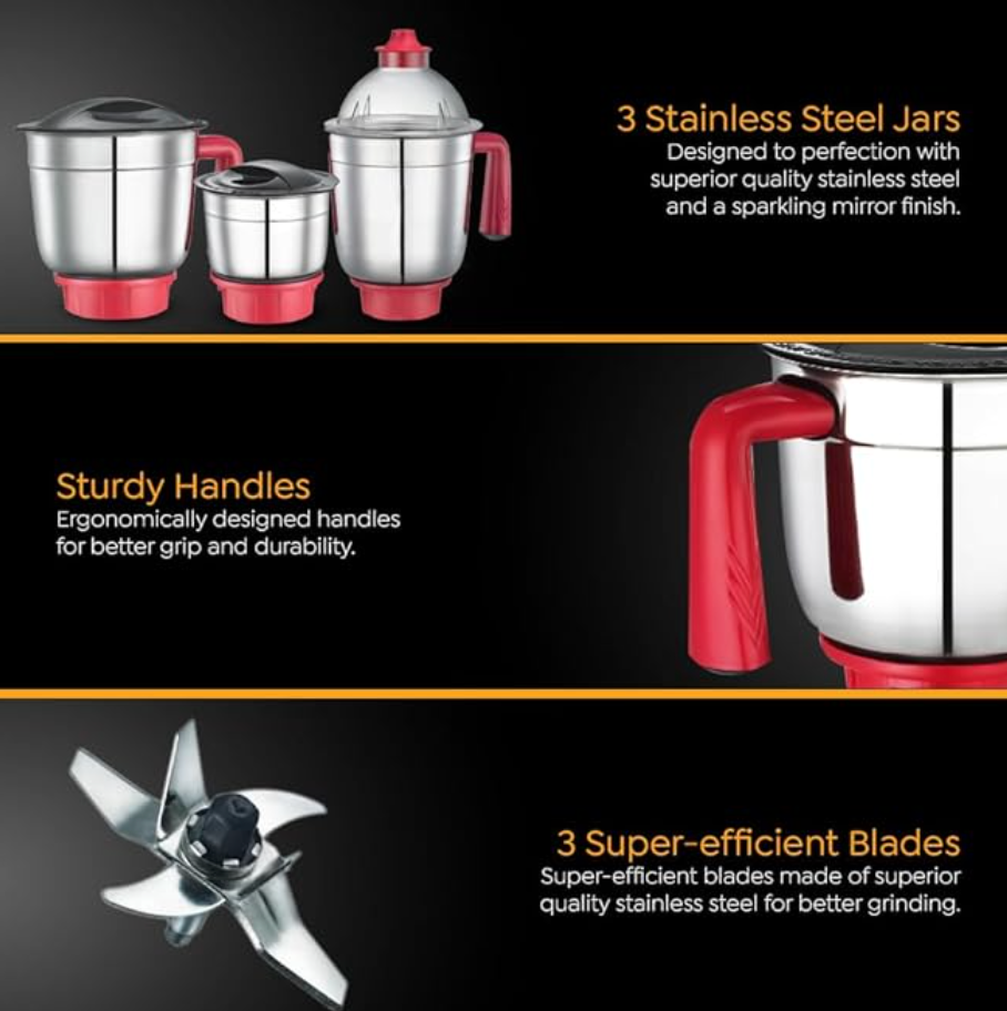Prestige 750 Watts Regal Mixer Grinder with 3 Stainless Steel Jars| Appealing Design| Sturdy Handles| Red and Black