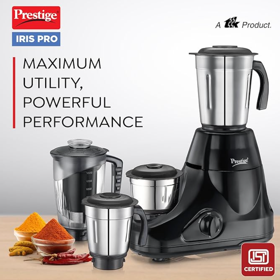 प्रेस्टीज आइरिस प्रो 750 वॉट मिक्सर ग्राइंडर, 4 जार के साथ (3 स्टेनलेस स्टील जार + 1 जूसर जार) | 4 बेहतरीन स्टेनलेस स्टील ब्लेड | जार रखने की जगह | मजबूत हैंडल | 2 साल की वारंटी | काला