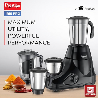 प्रेस्टीज आइरिस प्रो 750 वॉट मिक्सर ग्राइंडर, 4 जार के साथ (3 स्टेनलेस स्टील जार + 1 जूसर जार) | 4 बेहतरीन स्टेनलेस स्टील ब्लेड | जार रखने की जगह | मजबूत हैंडल | 2 साल की वारंटी | काला