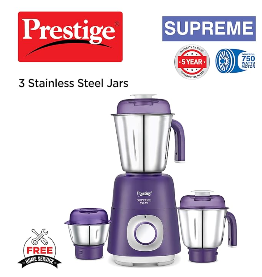 Prestige 750 Watts Supreme Mixer Grinder with 3 Stainless Steel Jars| Sturdy Handles| Durable Body| Purple-2