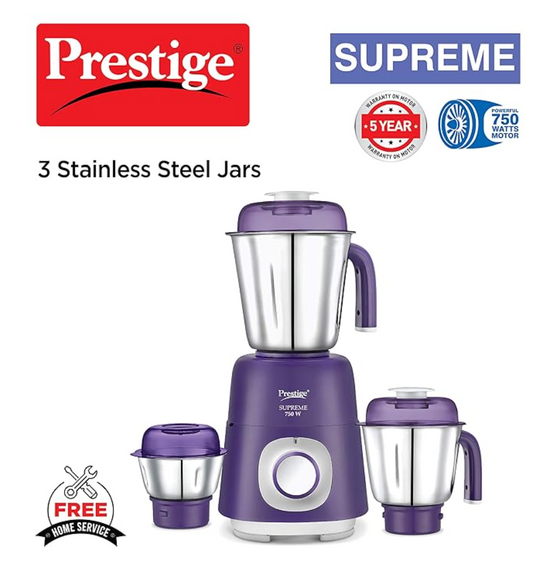 प्रेस्टीज 750 वॉट सुप्रीम मिक्सर ग्राइंडर, 3 स्टेनलेस स्टील जार के साथ | मजबूत हैंडल | टिकाऊ बॉडी | बैंगनी रंग