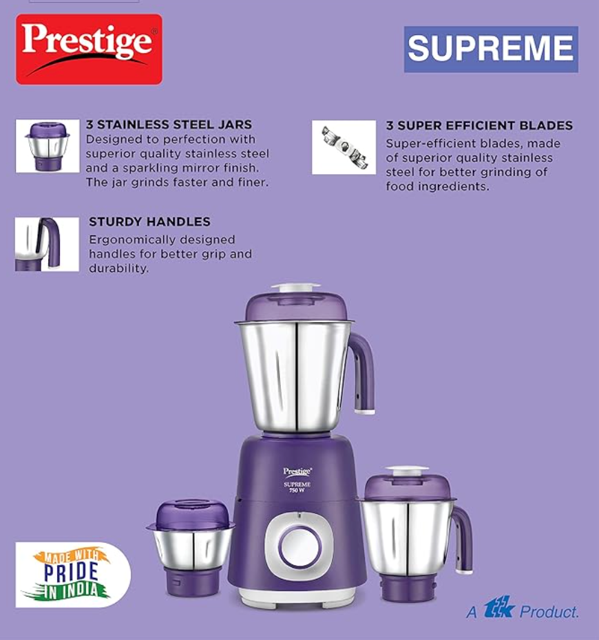 Prestige 750 Watts Supreme Mixer Grinder with 3 Stainless Steel Jars| Sturdy Handles| Durable Body| Purple-3