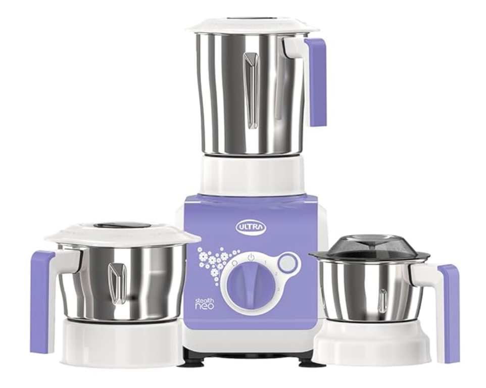 ULTRA Stealth neo MixerGrinder,750W,AISI304 Food Grade SS Jars &Blades,Serrated Stainless Steel Blades,Lesser noise,ABS Body,3Jars Small (0.5L),Medium (0.8L), Large(1.5L), 5Year Motor Warranty