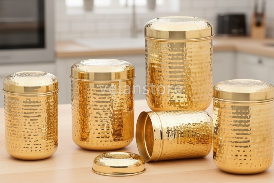 Brass Dabba set of 5 with hammered design