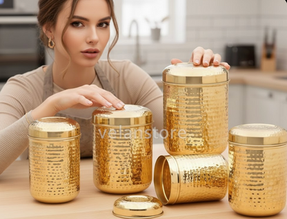 Brass Dabba set of 5 with hammered design