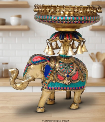 Brass Urli with Engraved Elephant | Meenakari Art | Decorate Your Home with Elegance